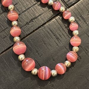 Pink Laser Glass Cats Eye Bead Beaded Silver Necklace​​​​